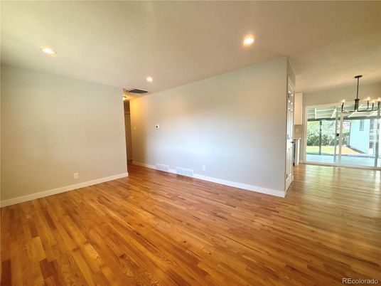 Chandelier, Empty room, Interior, Pendant Lights, Recessed Lighting, Wood Texture Flooring