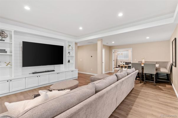 Dining room, Interior, Living room, Recessed Lighting, Wood Texture Flooring