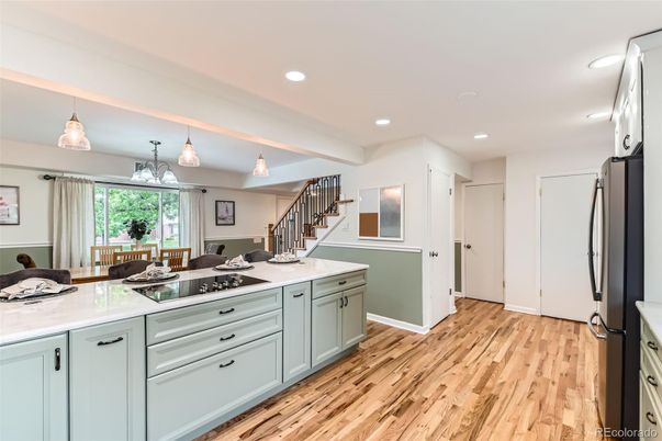 Interior, Kitchen, Pendant Lights, Recessed Lighting, Wood Texture Flooring