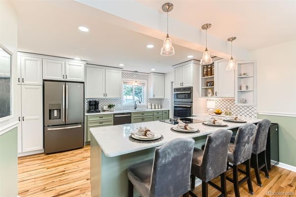 Interior, Kitchen, Pendant Lights, Recessed Lighting, Stainless Steel Appliances, Wood Texture Flooring