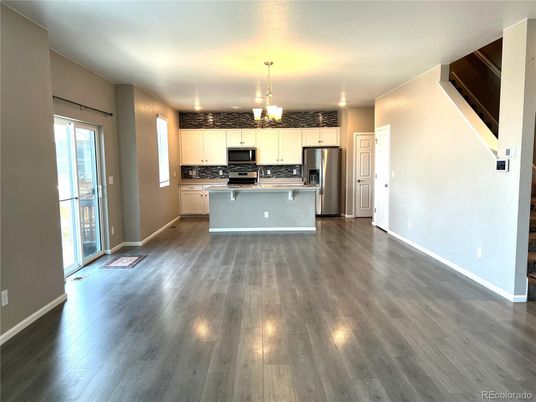 Interior, Kitchen, Pendant Lights, Stainless Steel Appliances, Wood Texture Flooring