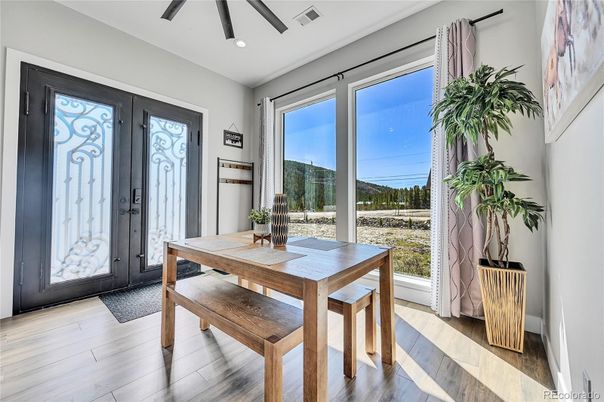 Dining room, Interior, Recessed Lighting, Wood Texture Flooring