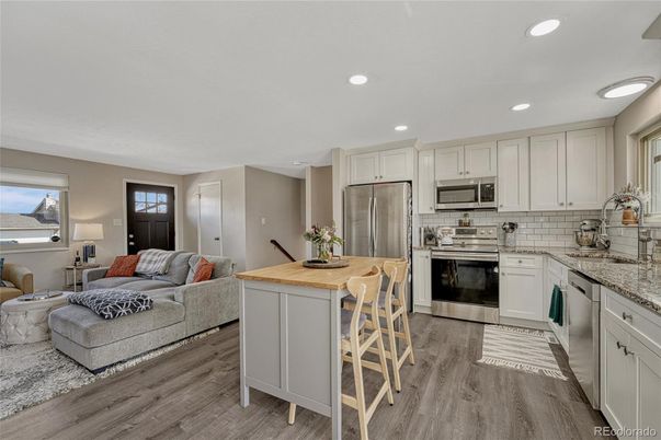 Interior, Kitchen, Living room, Recessed Lighting, Stainless Steel Appliances, Wood Texture Flooring