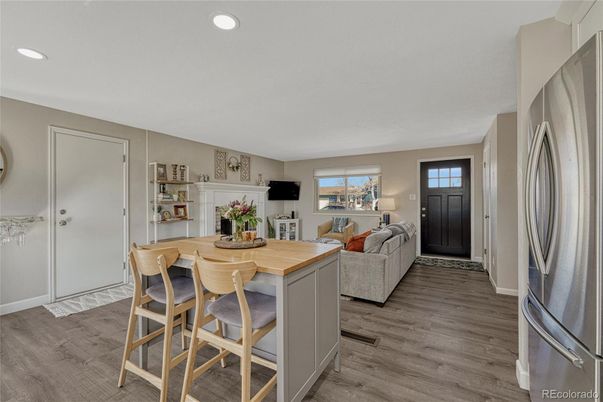 Dining room, Interior, Living room, Recessed Lighting, Wood Texture Flooring