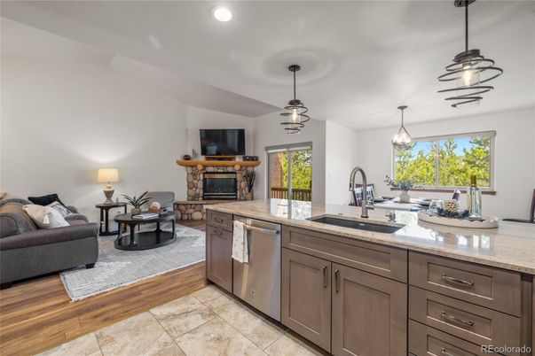 Fireplace, Interior, Kitchen, Living room, Pendant Lights, Recessed Lighting