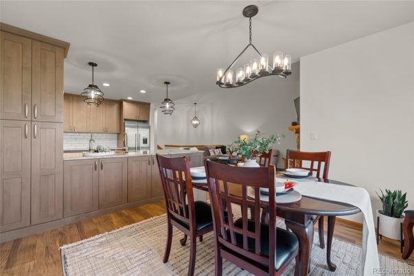 Chandelier, Dining room, Interior, Kitchen, Pendant Lights, Recessed Lighting, Wood Texture Flooring