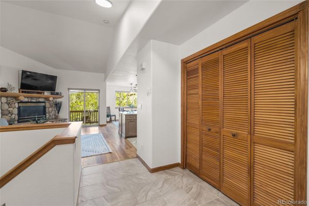 Fireplace, Interior, Marble, Pendant Lights, Recessed Lighting, Wood Texture Flooring