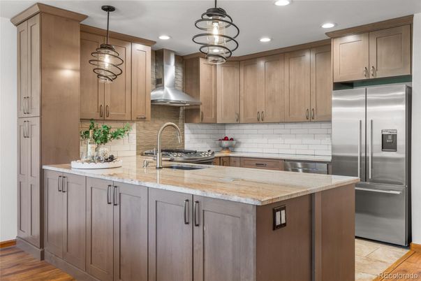 Interior, Kitchen, Pendant Lights, Recessed Lighting, Stainless Steel Appliances, Wood Texture Flooring