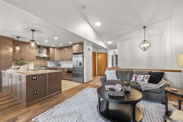 Interior, Kitchen, Living room, Pendant Lights, Recessed Lighting, Stainless Steel Appliances, Wood Texture Flooring