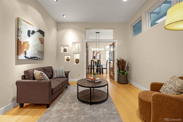 Dining room, Interior, Living room, Recessed Lighting, Wood Texture Flooring