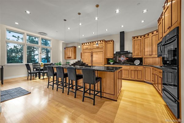 Dining room, Interior, Kitchen, Pendant Lights, Recessed Lighting, Wood Texture Flooring