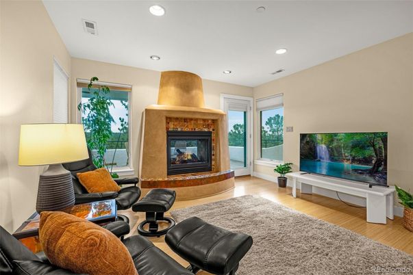 Fireplace, Interior, Living room, Recessed Lighting, Wood Texture Flooring