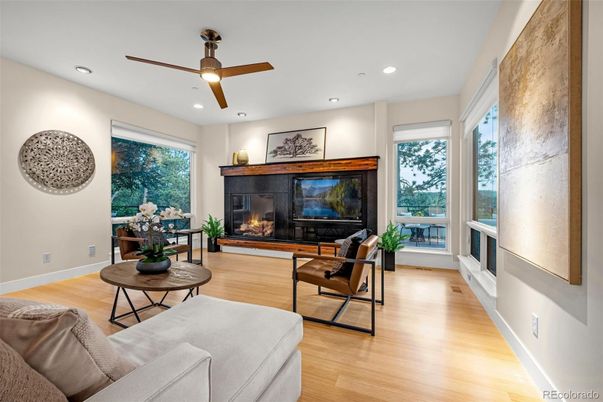 Fireplace, Interior, Living room, Recessed Lighting, Wood Texture Flooring