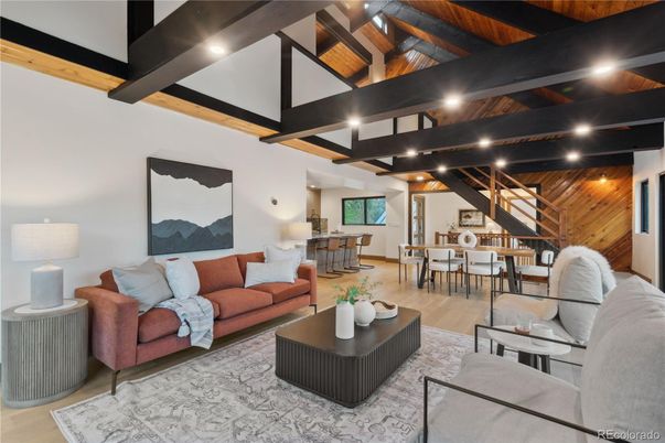 Dining room, Interior, Living room, Recessed Lighting, Wooden Beams, Wooden Ceilings, Wood Texture Flooring, Wooden Walls