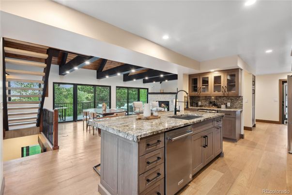 Interior, Kitchen, Recessed Lighting, Stainless Steel Appliances, Wooden Beams, Wooden Ceilings, Wood Texture Flooring