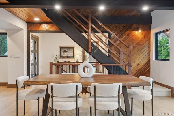 Dining room, Interior, Recessed Lighting, Wooden Beams, Wooden Ceilings, Wood Texture Flooring, Wooden Walls