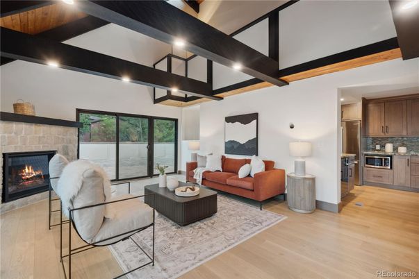Fireplace, Interior, Kitchen, Living room, Recessed Lighting, Stainless Steel Appliances, Wooden Beams, Wood Texture Flooring