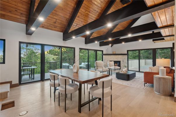 Dining room, Fireplace, Interior, Living room, Recessed Lighting, Wooden Beams, Wooden Ceilings, Wood Texture Flooring