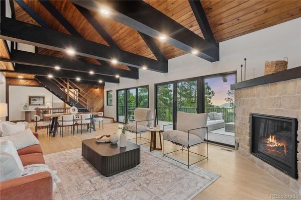 Dining room, Fireplace, Interior, Living room, Recessed Lighting, Wooden Beams, Wooden Ceilings, Wood Texture Flooring