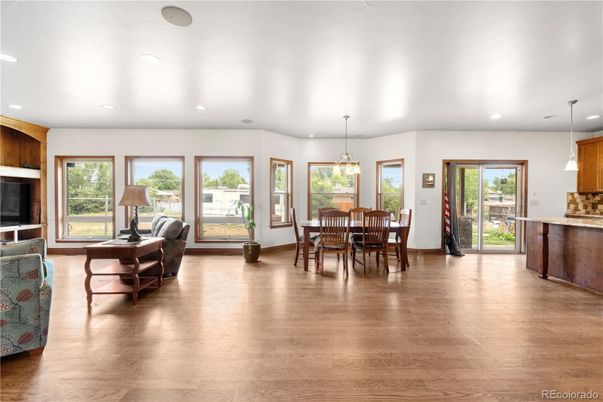 Dining room, Interior, Pendant Lights, Recessed Lighting, Wood Texture Flooring