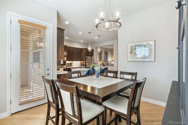 Dining room, Interior, Kitchen, Pendant Lights, Recessed Lighting, Wood Texture Flooring