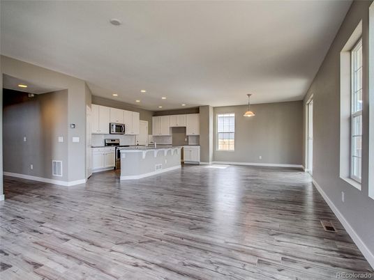 Empty room, Interior, Kitchen, Pendant Lights, Recessed Lighting, Wood Texture Flooring