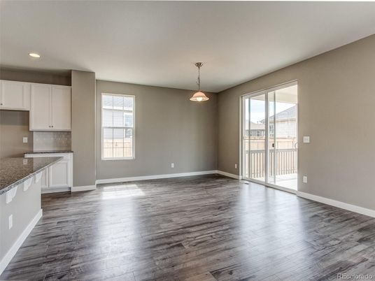 Empty room, Interior, Kitchen, Pendant Lights, Recessed Lighting, Wood Texture Flooring