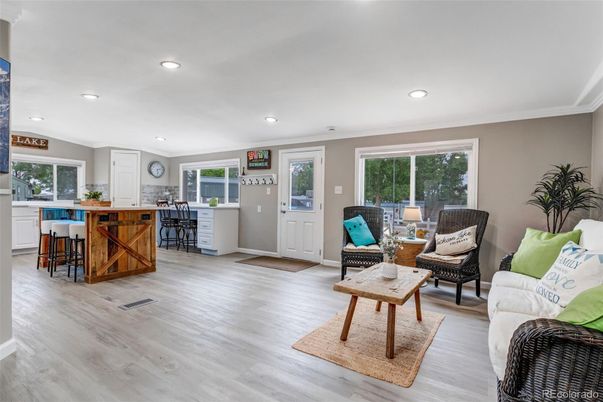 Interior, Kitchen, Living room, Recessed Lighting, Wood Texture Flooring