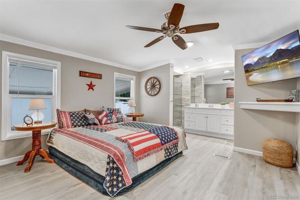 Bedroom, Interior, Recessed Lighting, Wood Texture Flooring