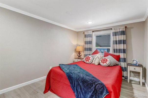 Bedroom, Interior, Recessed Lighting, Wood Texture Flooring