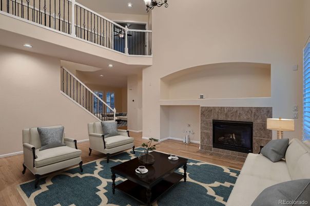 Fireplace, Interior, Living room, Recessed Lighting, Wood Texture Flooring
