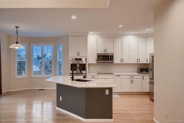 Interior, Kitchen, Pendant Lights, Recessed Lighting, Wood Texture Flooring