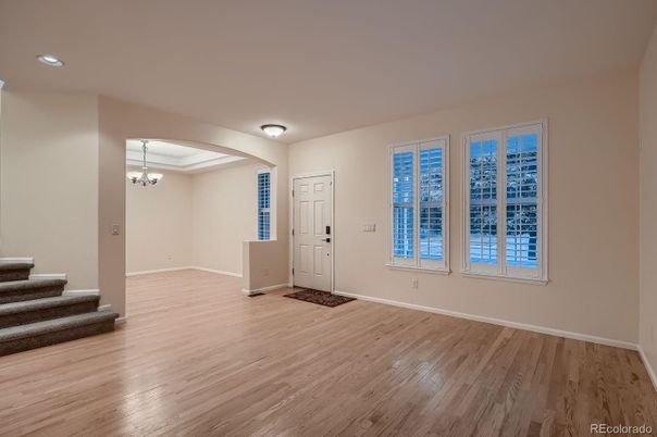Empty room, Interior, Pendant Lights, Recessed Lighting, Wood Texture Flooring