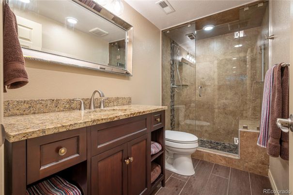 Bathroom, Glass Shower, Interior, Recessed Lighting, Wood Texture Flooring