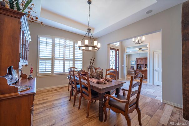 Chandelier, Dining room, Interior, Wood Texture Flooring