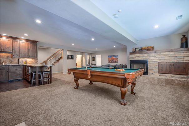 Billiard Table, Fireplace, Game Room, Interior, Recessed Lighting, Stone Walls