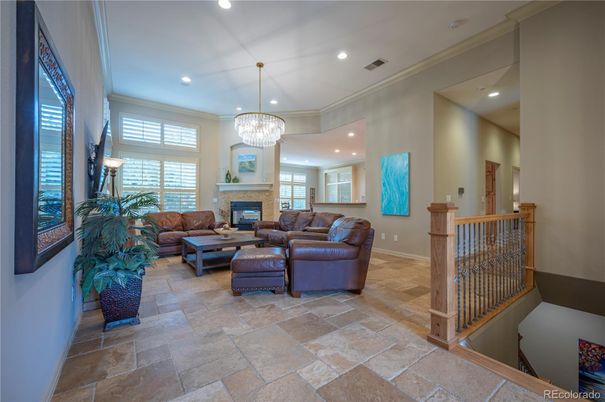 Chandelier, Fireplace, Interior, Living room, Recessed Lighting