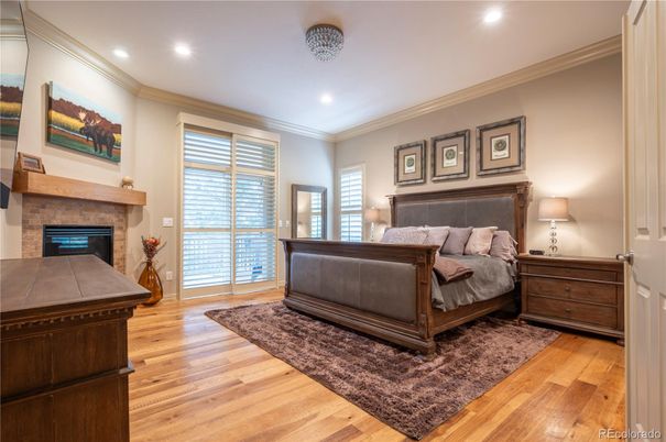 Bedroom, Fireplace, Interior, Recessed Lighting, Wood Texture Flooring