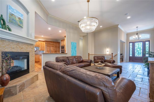 Chandelier, Dining room, Fireplace, Interior, Kitchen, Living room, Pendant Lights, Recessed Lighting, Stone Walls