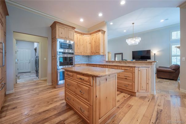 Chandelier, Interior, Kitchen, Recessed Lighting, Stainless Steel Appliances, Wood Texture Flooring