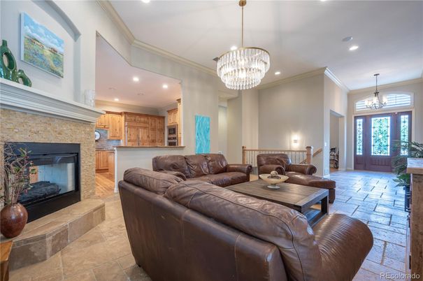 Chandelier, Dining room, Fireplace, Interior, Kitchen, Living room, Pendant Lights, Recessed Lighting, Stone Walls