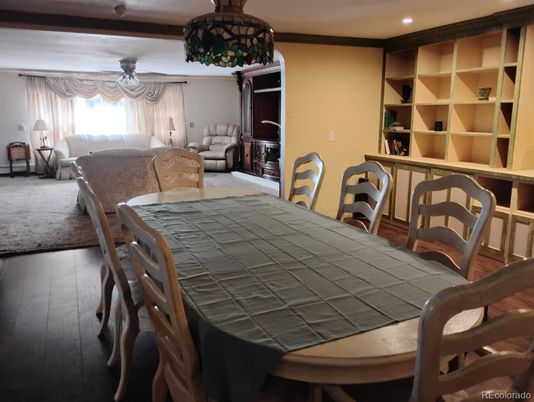 Dining room, Interior, Living room, Recessed Lighting, Wood Texture Flooring