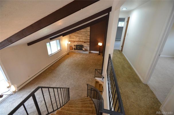 Empty room, Fireplace, Interior, Recessed Lighting, Wooden Beams, Wooden Walls