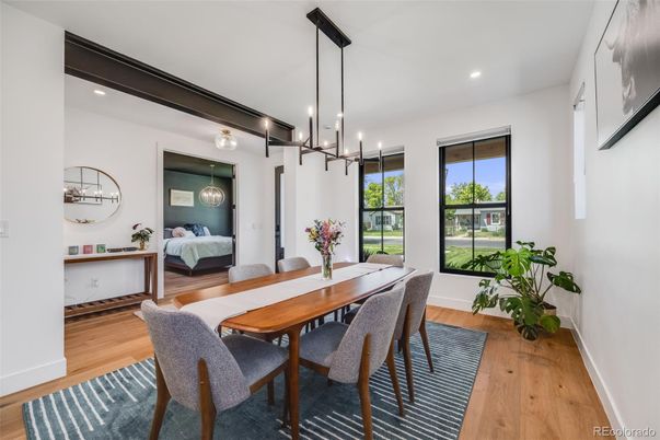 Bedroom, Dining room, Interior, Pendant Lights, Recessed Lighting, Wood Texture Flooring