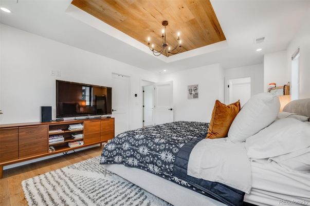 Bedroom, Chandelier, Interior, Recessed Lighting, Wooden Ceilings, Wood Texture Flooring