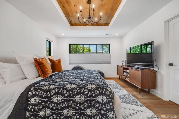 Bedroom, Chandelier, Interior, Recessed Lighting, Wooden Ceilings, Wood Texture Flooring