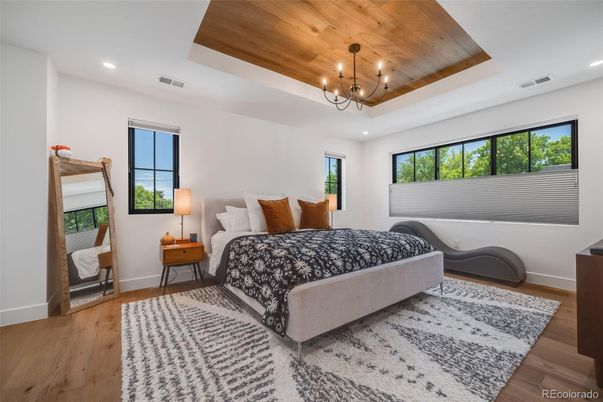 Bedroom, Chandelier, Interior, Recessed Lighting, Wooden Ceilings, Wood Texture Flooring