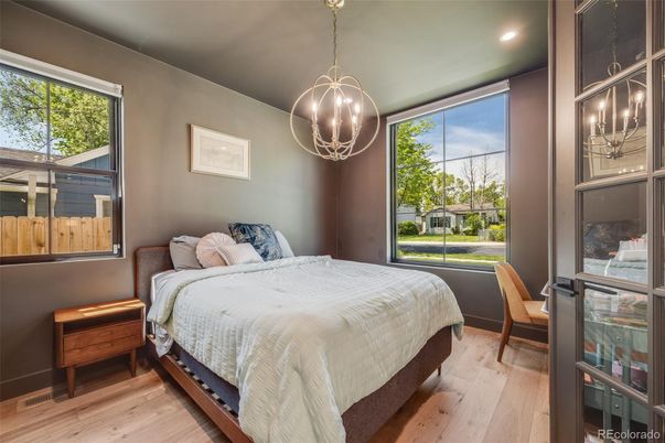 Bedroom, Interior, Pendant Lights, Recessed Lighting, Wood Texture Flooring
