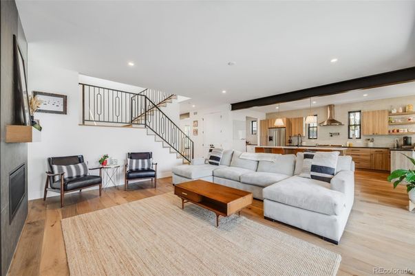 Interior, Kitchen, Living room, Pendant Lights, Recessed Lighting, Stainless Steel Appliances, Wood Texture Flooring