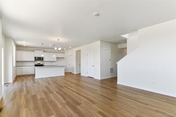 Empty room, Interior, Kitchen, Pendant Lights, Recessed Lighting, Stainless Steel Appliances, Wood Texture Flooring